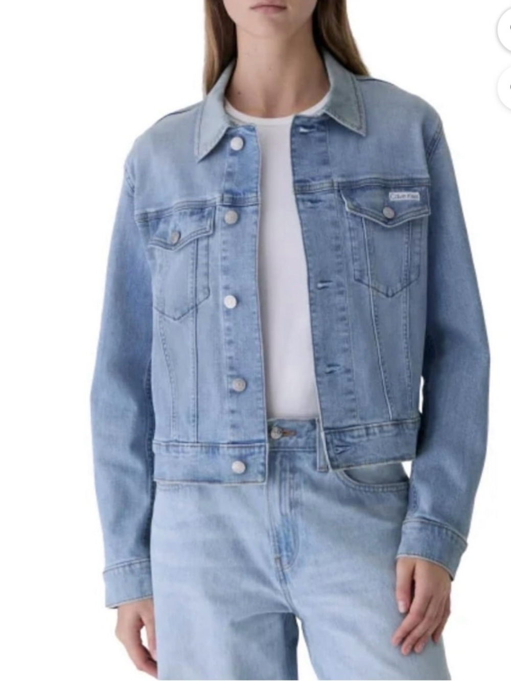 Calvin Klein Light Blue Denim Jacket with Tan Logo Patch